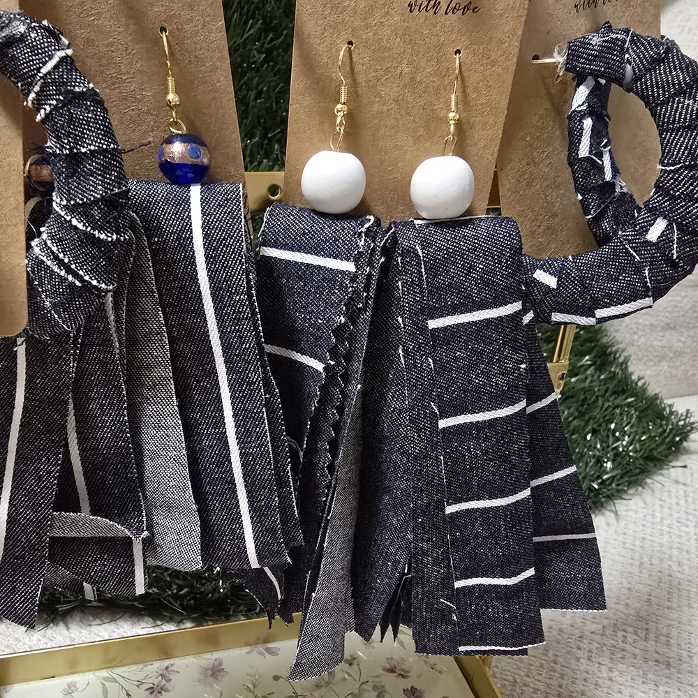 Striped Black and White Fabric Earrings Custom Handmade
